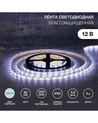 Лента светодиодная 12В, SMD2835, 4,8Вт/м, 60 LED/м, 6500К, 8мм, 5м, IP65 LAMPER