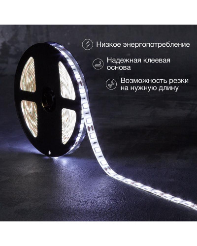 Лента светодиодная 12В, SMD5050, 14,4Вт/м, 60 LED/м, 6500К, 10мм, 5м, для БП с клеммами, IP65 LAMPER