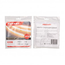 Лента светодиодная 24В, COB 14Вт/м, 512 LED/м, 3000К, 8мм, 5м, IP20 REXANT