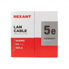 Кабель витая пара U/UTP, CAT 5e, ZH нг(А)-HF, 4PR, 24AWG, INDOOR, SOLID, серый, 305м REXANT LIGHT