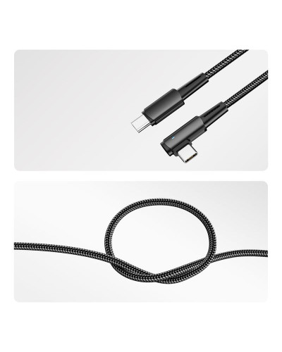 Кабель Type-C – Type-C, 5А, 100Вт, 1м, в черной нейлоновой оплетке, с угловым штекером и световой индикацией REXANT