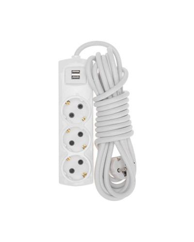 Удлинитель PREMIUM 3 гнезда, 5м, 3х1,5мм², с/з, 2 USB, белый REXANT