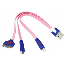 Кабель USB 3в1 Lightning, 30pin, micro USB, 1А, 0,15м, ПВХ, розовый, плоский, светящиеся разъемы REXANT