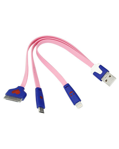 Кабель USB 3в1 Lightning, 30pin, micro USB, 1А, 0,15м, ПВХ, розовый, плоский, светящиеся разъемы REXANT