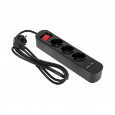 Удлинитель STANDARD 3 гнезда, 1,5м, 3х1,0мм², с/з, с выключателем, 2 USB, черный REXANT
