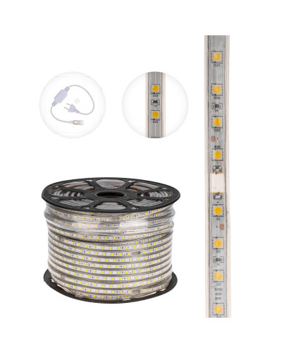 Лента светодиодная 220В, SMD5050, 60 LED/м, Теплый белый, 13х8мм,с кабелем питания, IP67 NEON-NIGHT