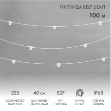 Гирлянда Belt-Light 2 жилы, 100м, шаг 40см, 225 патронов Е27, IP65, под винт, белый круглый провод  NEON-NIGHT