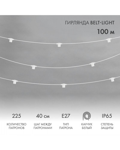 Гирлянда Belt-Light 2 жилы, 100м, шаг 40см, 225 патронов Е27, IP65, под винт, белый круглый провод  NEON-NIGHT