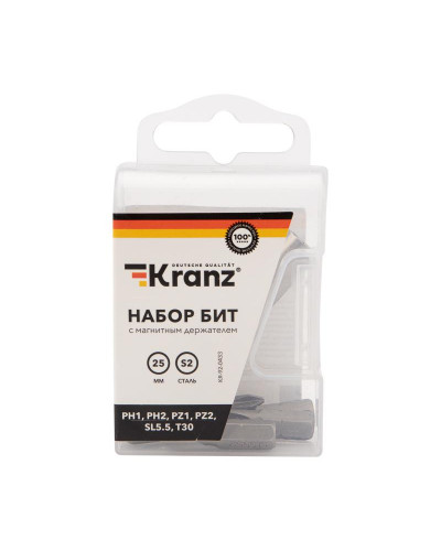 Набор бит 25 мм PH1, PH2, PZ1, PZ2, SL5.5, T30 с магнитным держателем (7 шт./уп.) Kranz