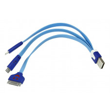 Кабель USB 3в1 Lightning, 30pin, micro USB, 1А, 0,15м, ПВХ, синий, плоский, светящиеся разъемы REXANT