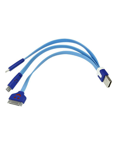 Кабель USB 3в1 Lightning, 30pin, micro USB, 1А, 0,15м, ПВХ, синий, плоский, светящиеся разъемы REXANT