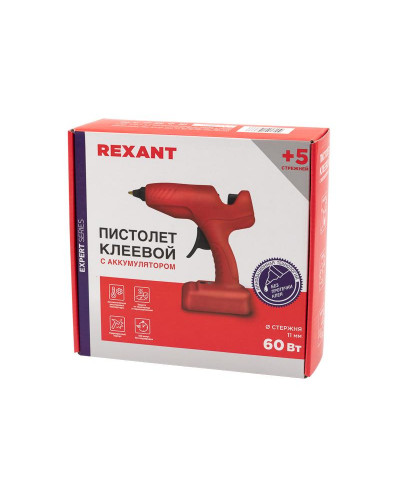 Пистолет клеевой, 60Вт, Ø11мм, ЭКСПЕРТ, аккумуляторный, коробка REXANT