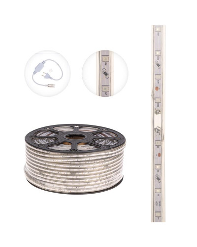 Лента светодиодная 220В, SMD2835, 4,8Вт/м, 60 LED/м, Красный, 10х7мм, 100м, с кабелем питания, IP67 NEON-NIGHT