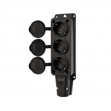 Розетка (колодка) влагозащищенная с крышкой 3 гнезда, с/з, 16А, IP54, каучук, черная REXANT