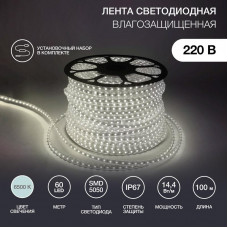 Лента светодиодная 220В, SMD5050, 14,4Вт/м, 60 LED/м, Холодный белый, 13х8мм, 100м, с кабелем питания, IP67 NEON-NIGHT