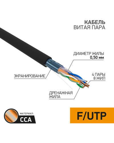 Кабель витая пара омедненный, F/UTP, CCA, CAT 5e, PE, 4PR, 24AWG, OUTDOOR, SOLID, черный, 305м PROconnect