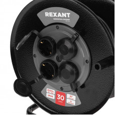 Удлинитель силовой КГ на катушке 4 гнезда, с/з, 30м, 3х1,5мм², IP44 c защитными крышками, металлическая катушка REXANT