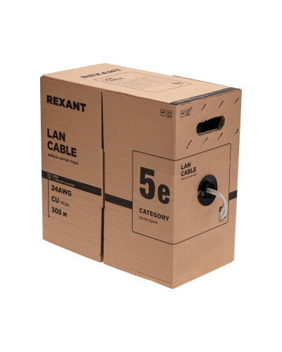 Кабель витая пара U/UTP, CAT 5e, PVC нг(А)-LS, 4х2х0,52мм, 4PR, 24AWG, INDOOR, SOLID, серый, 305м, РФ REXANT