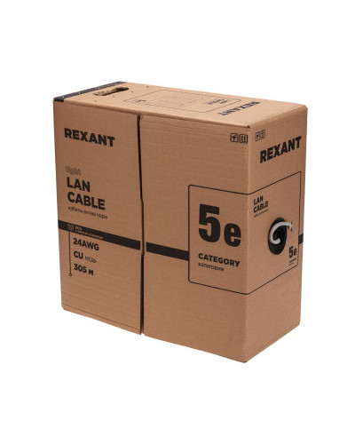 Кабель витая пара F/UTP, CAT 5e, PE, 4PR, 24AWG, OUTDOOR, SOLID, черный, 305м, серия LIGHT, РФ REXANT