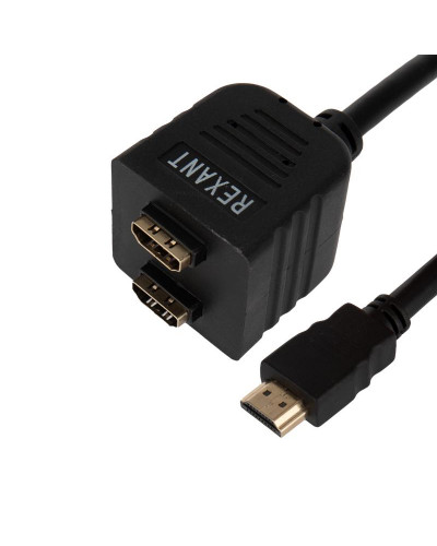 Переходник штекер HDMI - 2 гнезда HDMI с проводом, черный REXANT