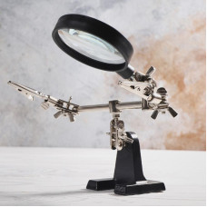 Держатель Третья рука, 2 зажима, лупа 60мм (2.5х), основание чугун REXANT