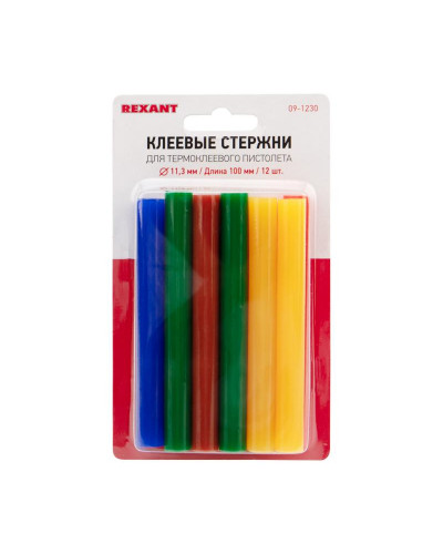 Стержни клеевые Ø11мм, 100мм, цветные (12 шт/уп), блистер REXANT