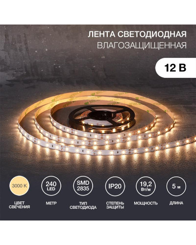 Лента светодиодная 12В, SMD2835, 19,2Вт/м, 240 LED/м, 3000К, 10мм, 5м, IP20 LAMPER