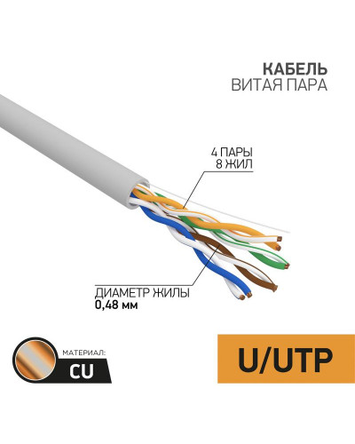 Кабель витая пара U/UTP, CAT 5e, PVC, 4PR, 24AWG, INDOOR, SOLID, серый, 100м PROconnect