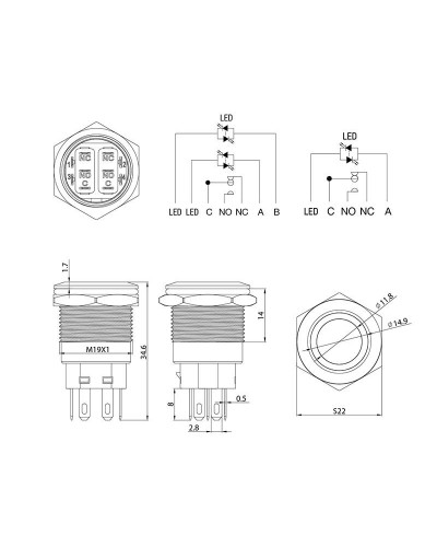 Кнопка антивандальная Ø19 12В(LED) Фикс (5с) OFF-ON/ON-OFF подсв/красная REXANT