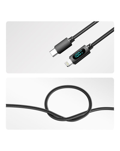 Кабель Type-C – Lightning для Apple, 3А, 1м, в черной нейлоновой  оплетке, с LED-дисплеем REXANT