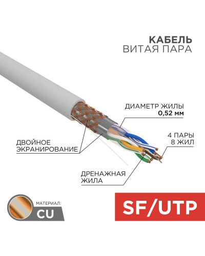 Кабель витая пара SF/UTP, CAT 5e, PVC, 4PR, 24AWG, INDOOR, SOLID, серый, 305м, REXANT