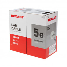 Кабель витая пара U/UTP, CAT 5e, ZH нг(А)-HF, 4PR, 24AWG, INDOOR, SOLID, серый, 305м REXANT