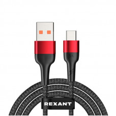 Кабель USB-A – Type-C, 5А, 50Вт, 1м, в черной нейлоновой оплетке REXANT