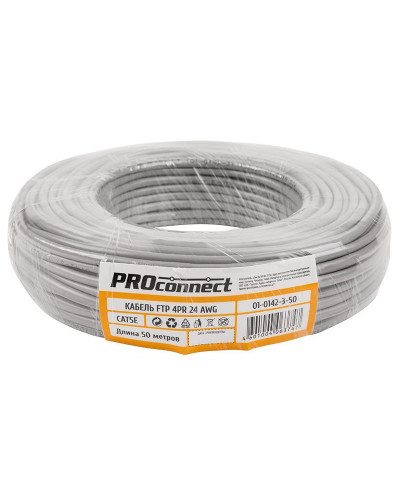 Кабель витая пара омедненный, F/UTP, CCA, CAT 5e, PVC, 4PR, 24AWG, INDOOR, SOLID, серый, 50м PROconnect