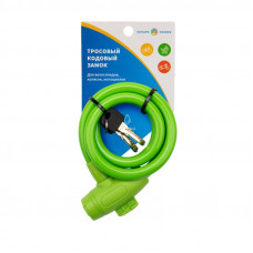 Замок тросовый взломостойкий для велосипедов и колясок с ключом 100см зеленый ЧЕТЫРЕ СЕЗОНА