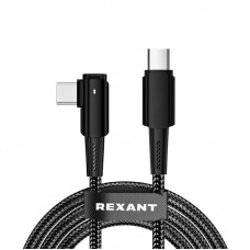 Кабель Type-C – Type-C, 5А, 100Вт, 1м, в черной нейлоновой оплетке, с угловым штекером и световой индикацией REXANT