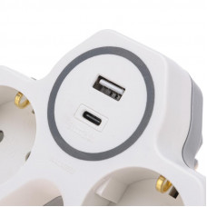 Двойник электрический (разветвитель) 16А с/з + USB-A + USB-C с защитными шторками, белый REXANT