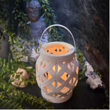 Декоративный фонарь со свечкой, плетеный корпус, белый, размер 14х14х16,5 см, цвет теплый белый