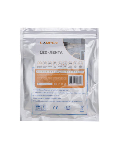 Лента светодиодная 12В, SMD5050, 14,4Вт/м, 60 LED/м, 2700К, 10мм, 3м, для БП с клеммами, IP20 LAMPER