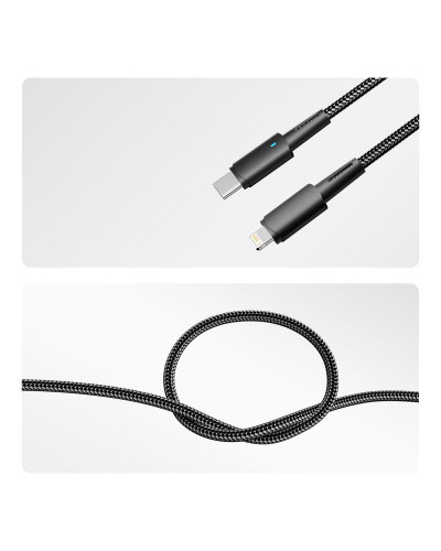 Кабель Type-C – Lightning для Apple, 3А, 1м, в черной нейлоновой оплетке, со световой индикацией REXANT