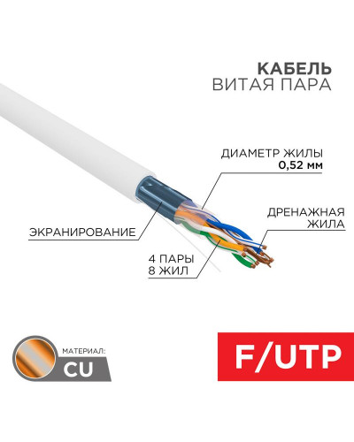 Кабель витая пара F/UTP, CAT 5e, PVCLSнг(А)-FRLSLTx 4х2х0,52 (С5795) 305м СегментЛАН