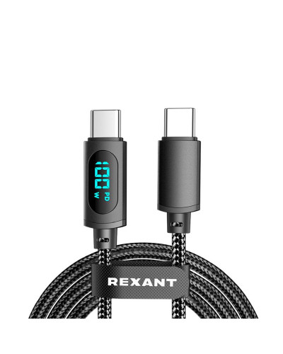 Кабель Type-C – Type-С, 5A, 100Вт, 1м, в черной нейлоновой оплетке, с LED дисплеем REXANT