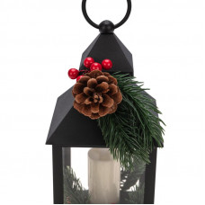 Декоративный фонарь со свечкой и шишкой, черный корпус, размер 10,7x10,7x23,5 см, цвет теплый белый