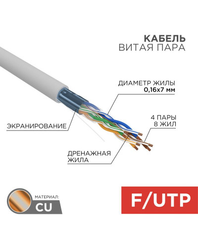 Кабель витая пара F/UTP, CAT 5e, PVC, 4PR, 24AWG, INDOOR, STRANDED, серый, 305м, REXANT