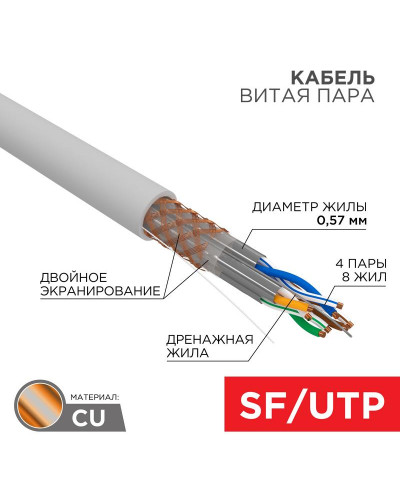 Кабель витая пара S/FTP, CAT 7, PVC, 4PR, 23AWG, INDOOR, SOLID, серый, 305 м, REXANT