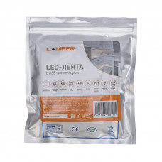 Лента светодиодная 5В, SMD2835, 4,8Вт/м, 60 LED/м, 6500K, 8мм, 3м, с USB коннектором, черная, IP20 LAMPER
