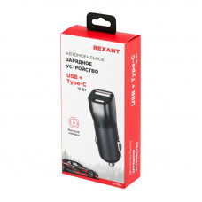 Зарядное устройство в прикуриватель REXANT USB x Type-C, 18W, с Quick charge, черное