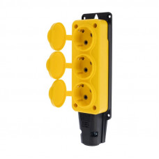 Розетка (колодка) влагозащищенная с крышкой 3 гнезда, с/з, 16А, IP54, каучук, желтая REXANT