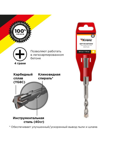 Бур по бетону 8x110x50мм, крестовая пластина, SDS PLUS KRANZ