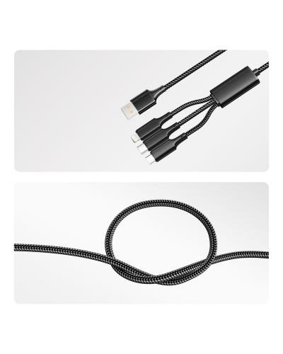 Кабель USB 3в1 Type-С (6A), Lightning (2,4A), micro USB (3A) 1,2м, в черной оплетке REXANT